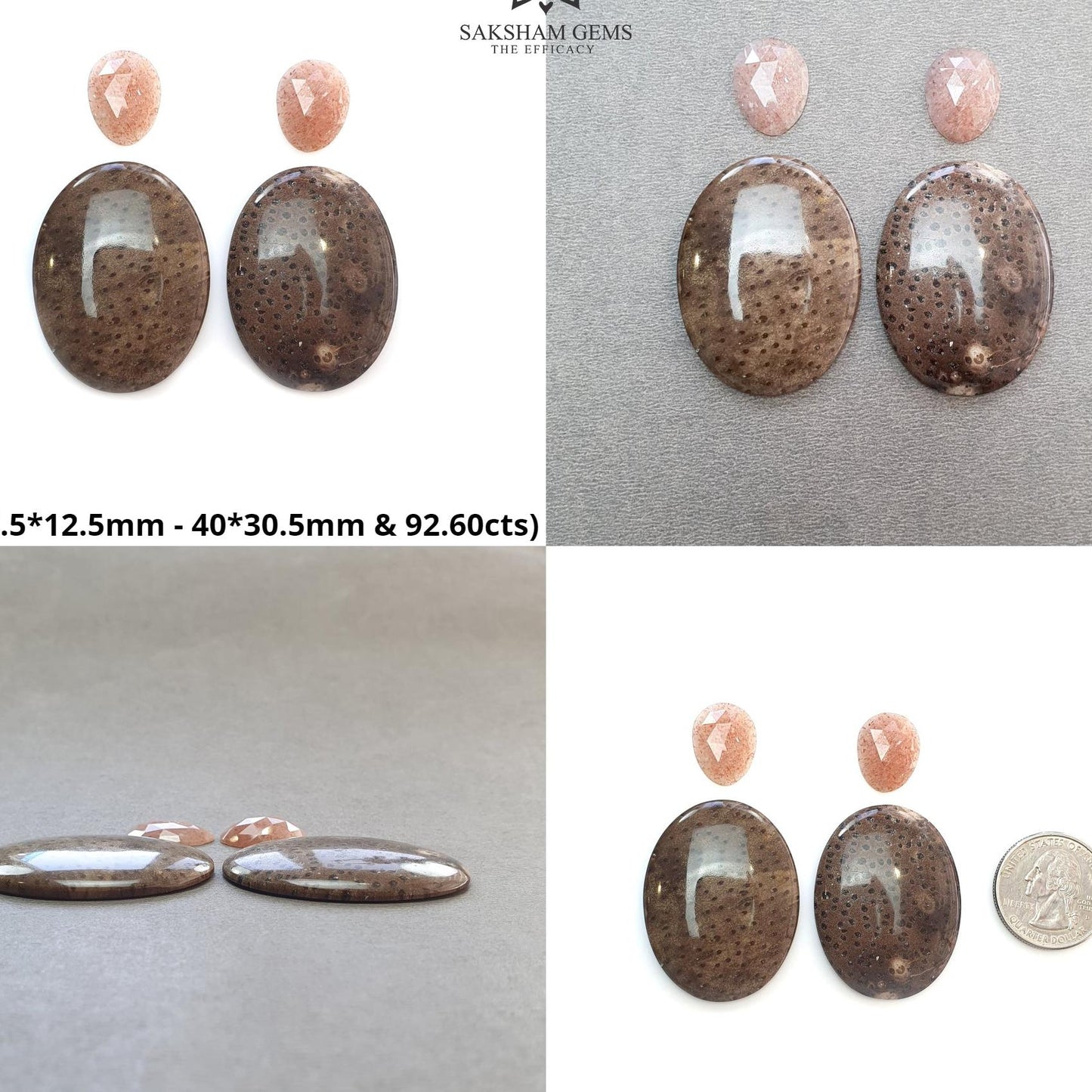 Botswana Agate Sunstone & Peach Moonstone Gemstone Rose Cut Cabochon : Natural Untreated Bi-Color Agate Egg Oval Shape 4pcs Set