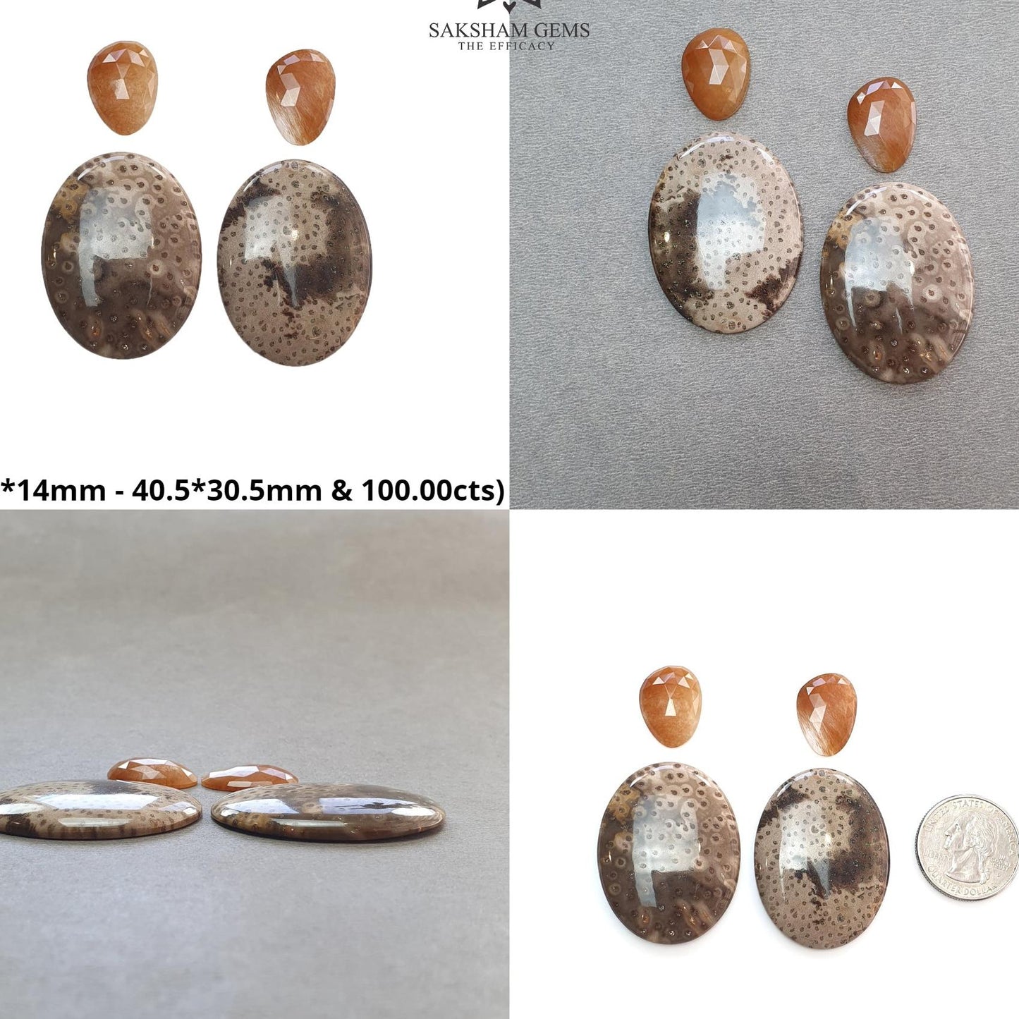 Botswana Agate Sunstone & Peach Moonstone Gemstone Rose Cut Cabochon : Natural Untreated Bi-Color Agate Egg Oval Shape 4pcs Set