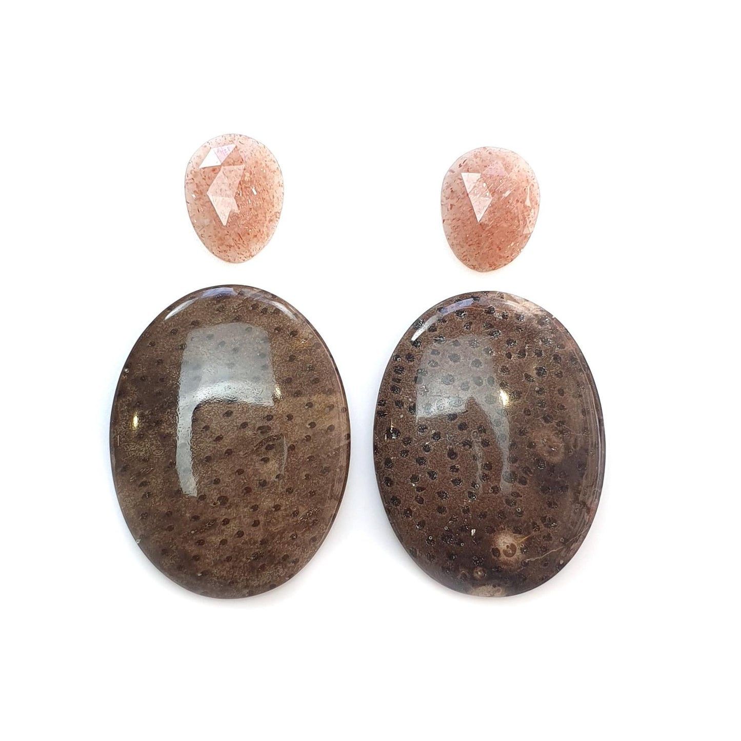 Botswana Agate Sunstone & Peach Moonstone Gemstone Rose Cut Cabochon : Natural Untreated Bi-Color Agate Egg Oval Shape 4pcs Set