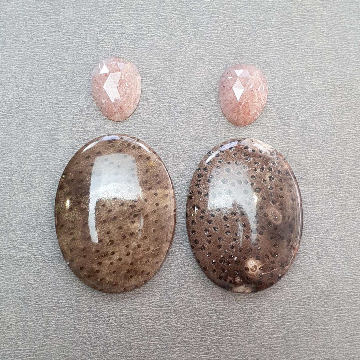 Botswana Agate Sunstone & Peach Moonstone Gemstone Rose Cut Cabochon : Natural Untreated Bi-Color Agate Egg Oval Shape 4pcs Set