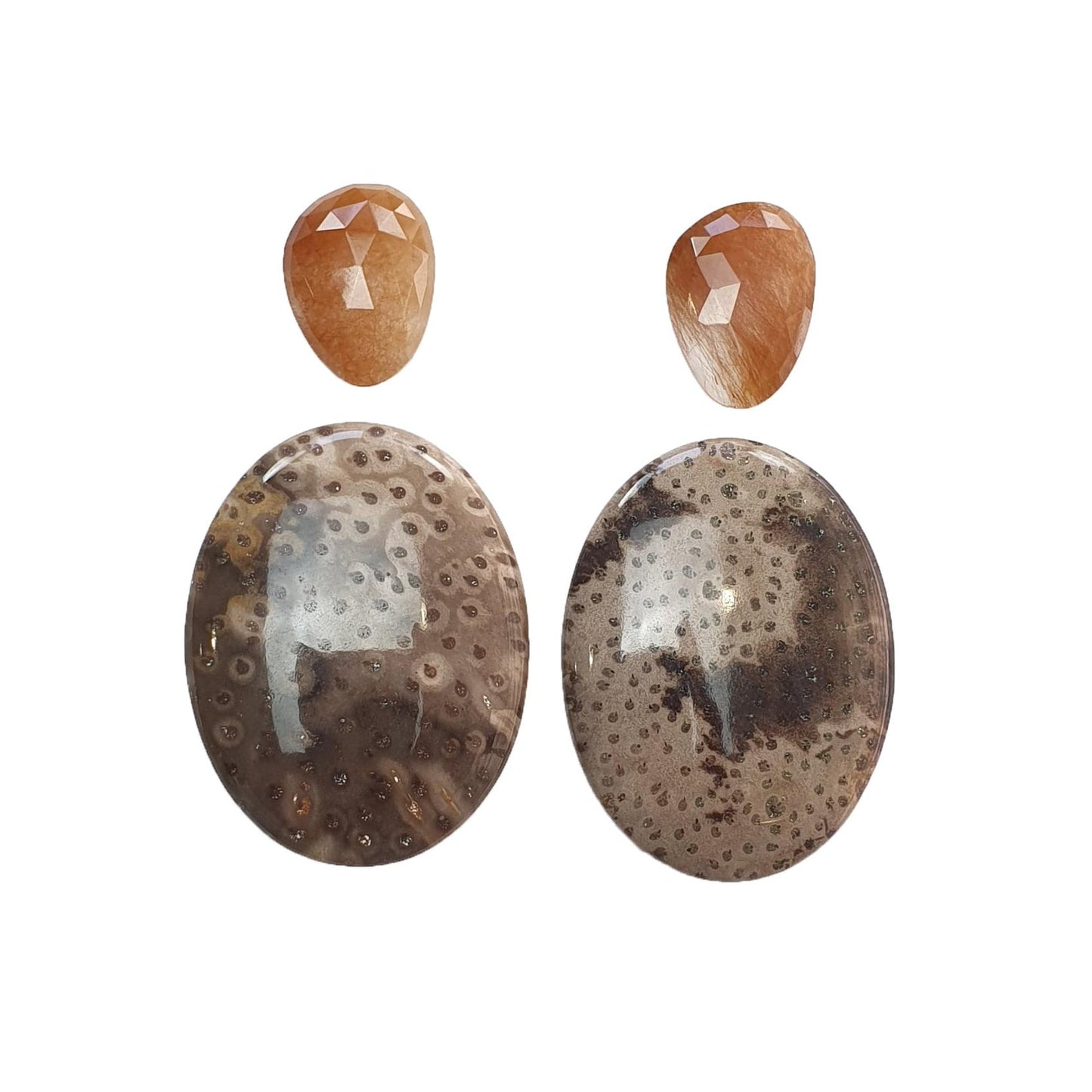 Botswana Agate Sunstone & Peach Moonstone Gemstone Rose Cut Cabochon : Natural Untreated Bi-Color Agate Egg Oval Shape 4pcs Set