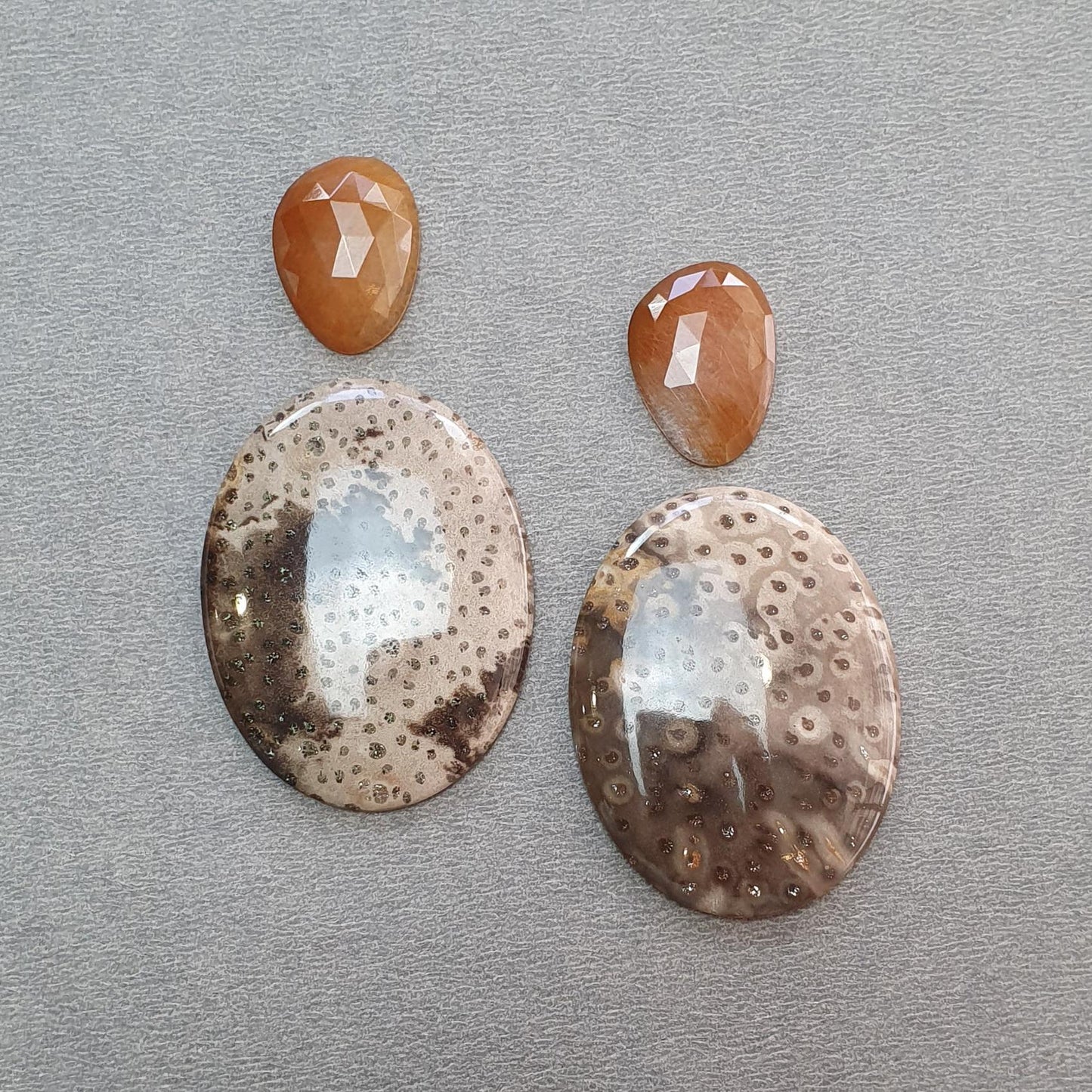 Botswana Agate Sunstone & Peach Moonstone Gemstone Rose Cut Cabochon : Natural Untreated Bi-Color Agate Egg Oval Shape 4pcs Set