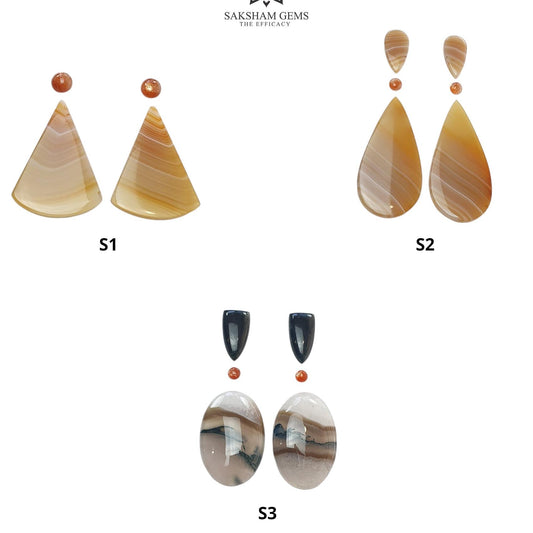 Botswana Agate Sunstone & Labradorite Gemstone Cabochon : Natural Untreated Bi-Color Agate Pear Oval Round Shape 4pc/6pc Set