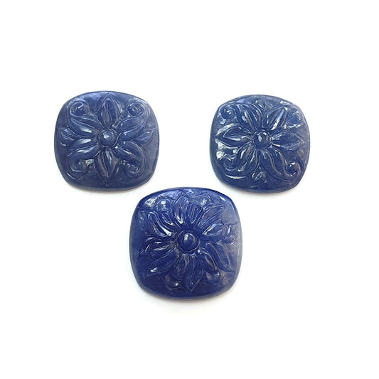 Blue Sapphire Gemstone Carving : 45.00cts Natural Untreated Unheated Sapphire Hand Carved Cushion Shape 16*18mm - 17*19mm 3pcs