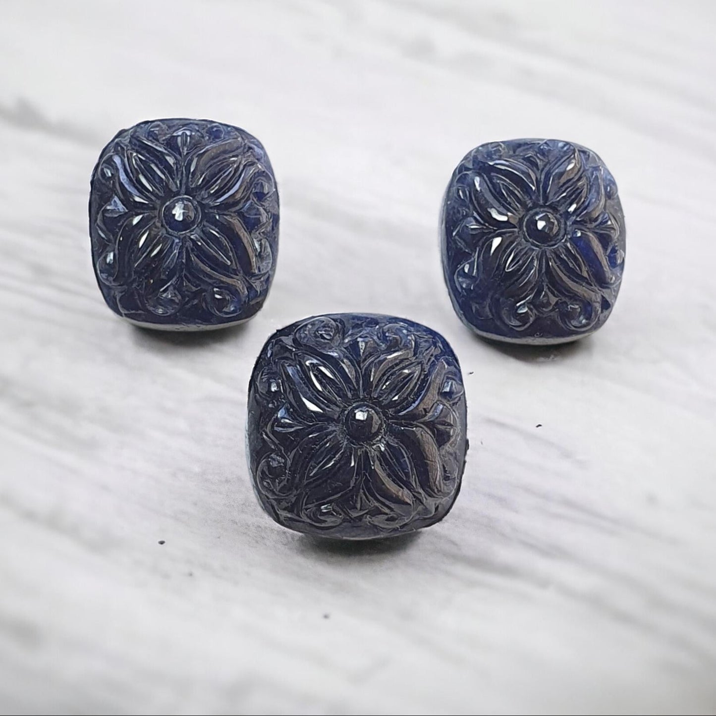 Deep Blue Sapphire Gemstone Carving : 62.60cts Natural Untreated Unheated Sapphire Hand Carved Cushion Shape 17*15mm - 18*20mm 3pcs