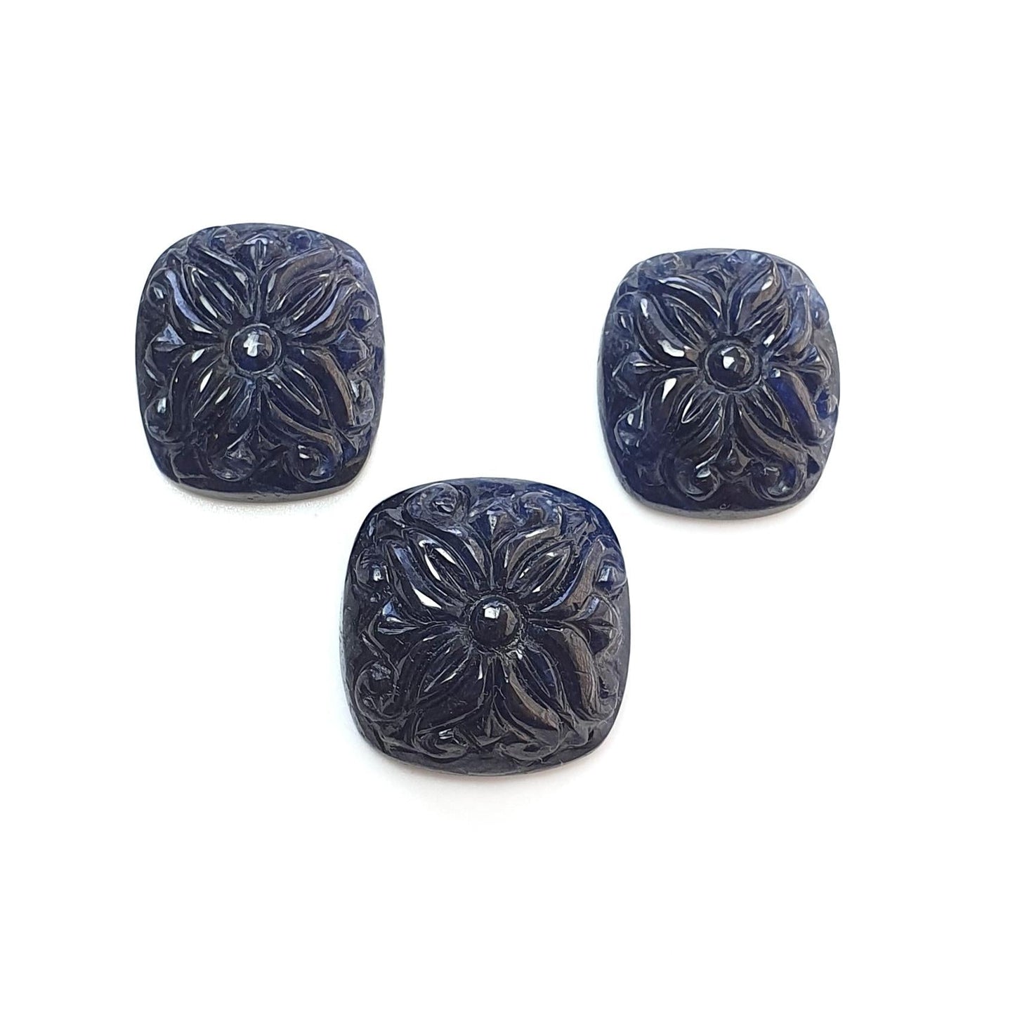 Deep Blue Sapphire Gemstone Carving : 62.60cts Natural Untreated Unheated Sapphire Hand Carved Cushion Shape 17*15mm - 18*20mm 3pcs