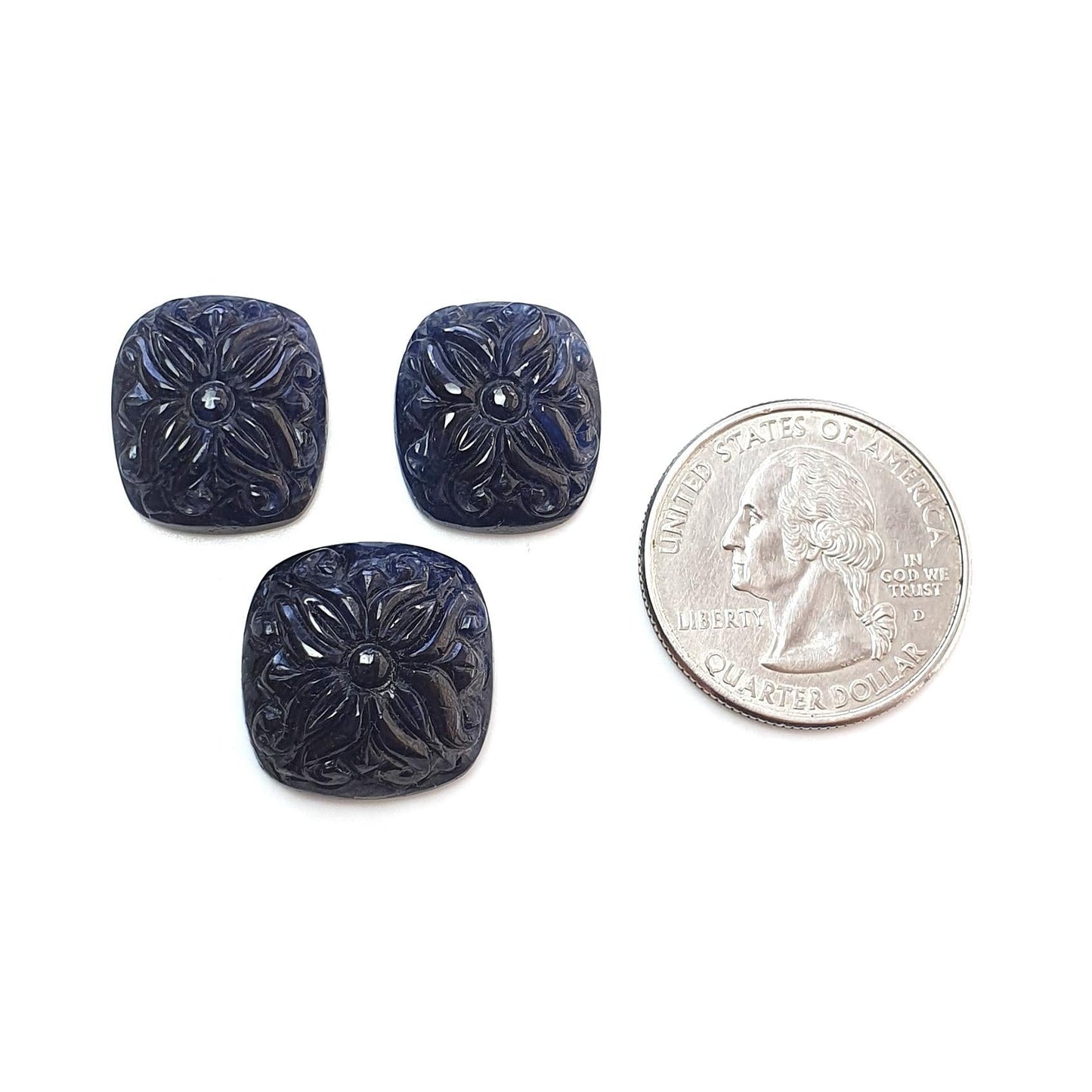 Deep Blue Sapphire Gemstone Carving : 62.60cts Natural Untreated Unheated Sapphire Hand Carved Cushion Shape 17*15mm - 18*20mm 3pcs
