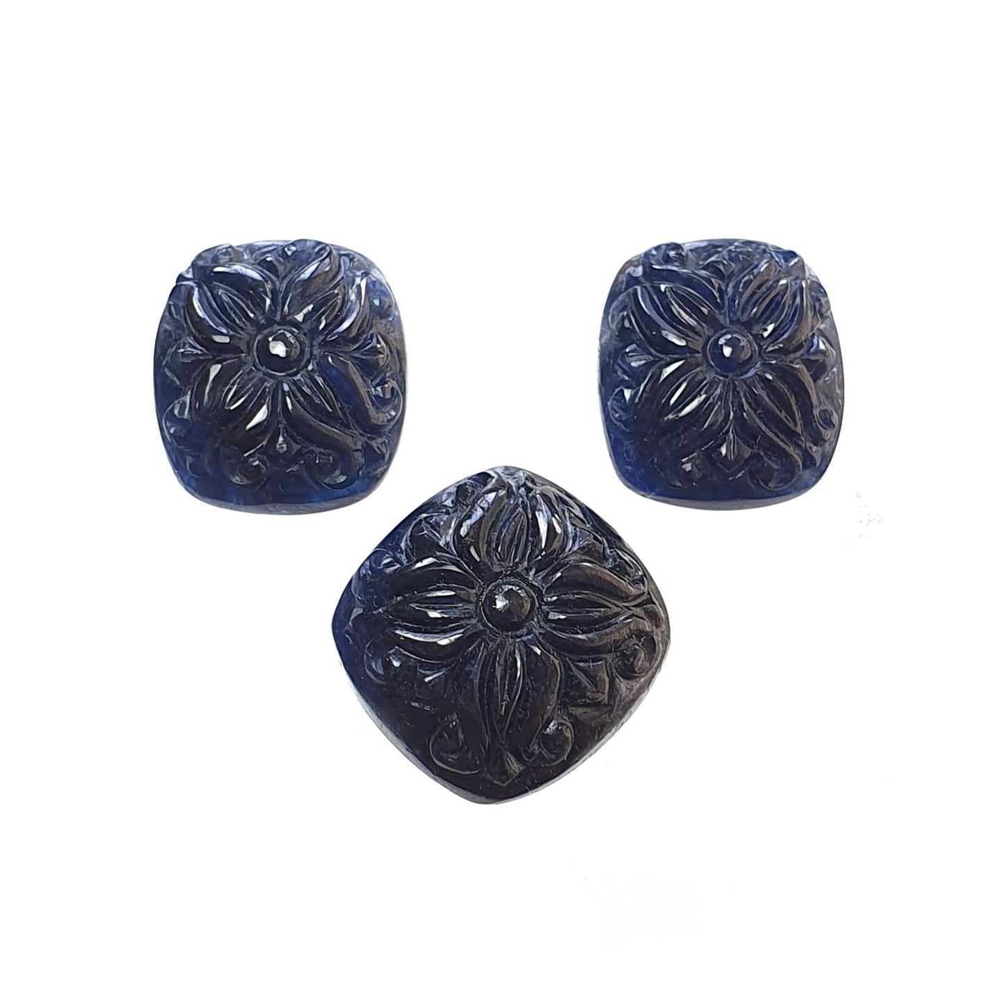 Deep Blue Sapphire Gemstone Carving : 62.60cts Natural Untreated Unheated Sapphire Hand Carved Cushion Shape 17*15mm - 18*20mm 3pcs
