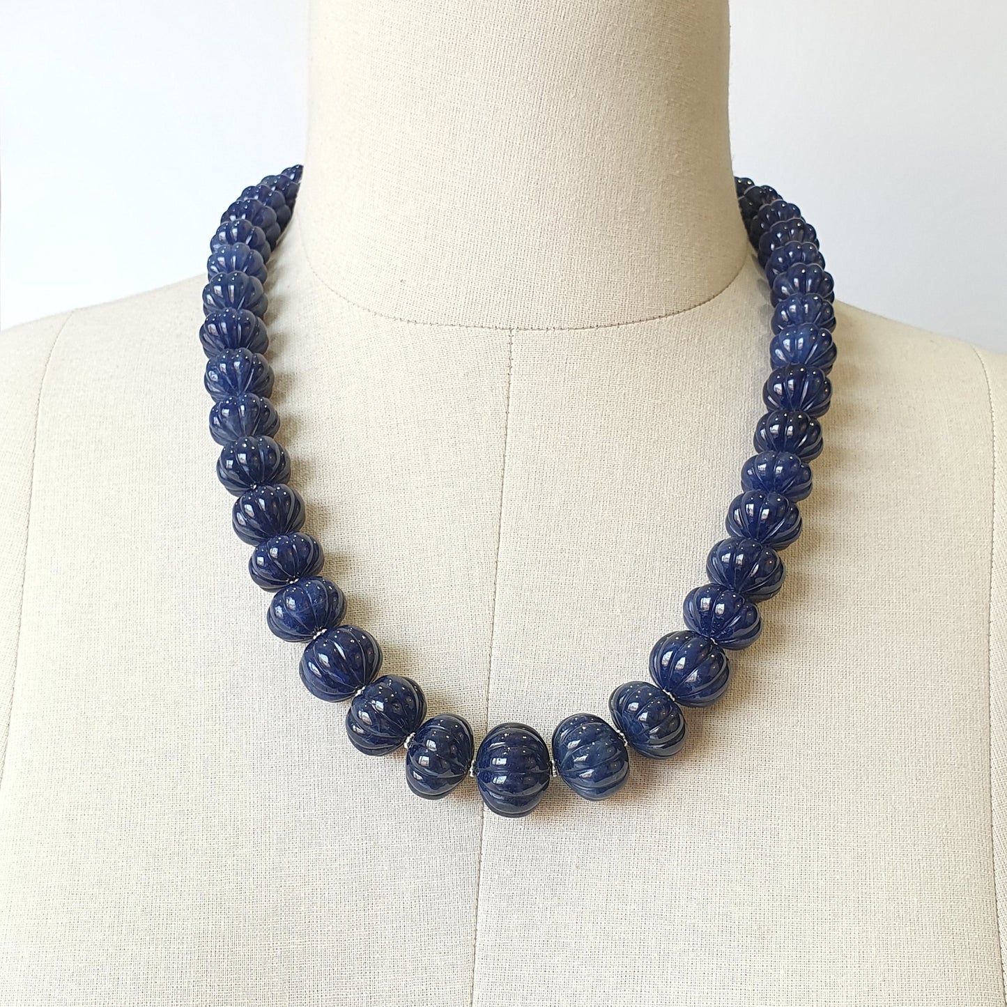 Blue Sapphire Gemstone Melon Beads Necklace : 1379.50cts 925 Sterling Silver Natural Sapphire Hand Carved Rondelle Melon Beads 14mm-19mm 21"