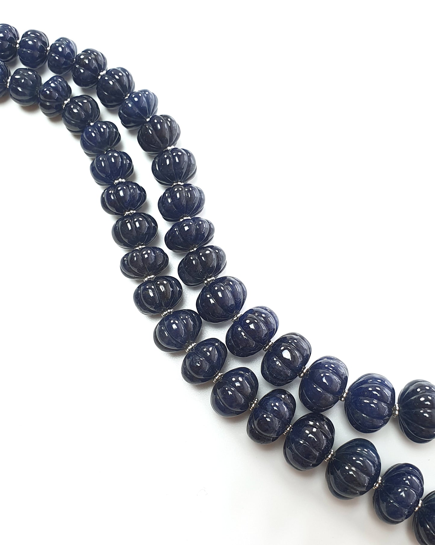 Blue Sapphire Gemstone Melon Beads Necklace : 1379.50cts 925 Sterling Silver Natural Sapphire Hand Carved Rondelle Melon Beads 14mm-19mm 21"