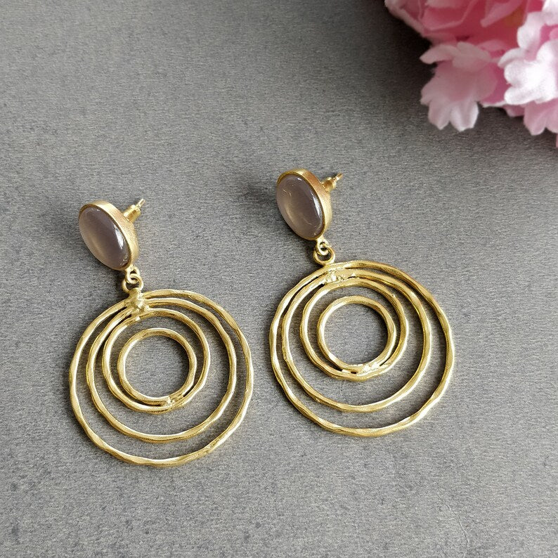 Lavender Cat's Eye Gemstone Earring : 2" Handmade Brass 18k Gold Plated 12.50gms Oval Round Bezel Setting Drop Dangle Push Back Earring