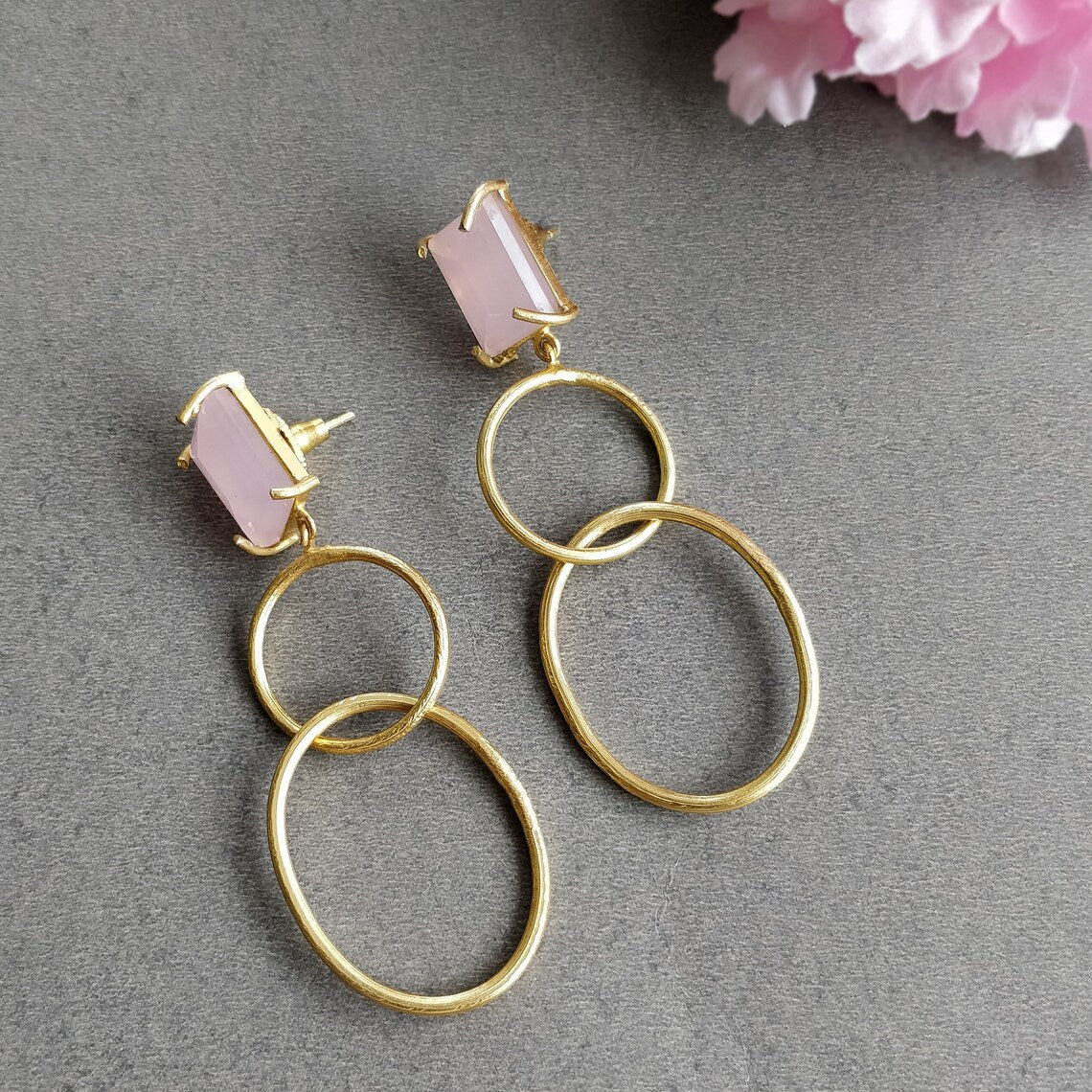 Pink Quartz Gemstone Earring : 2.75" Handmade Brass 18k Gold Plated 12.50gms Oval Round Prong Setting Drop Dangle Push Back Earring