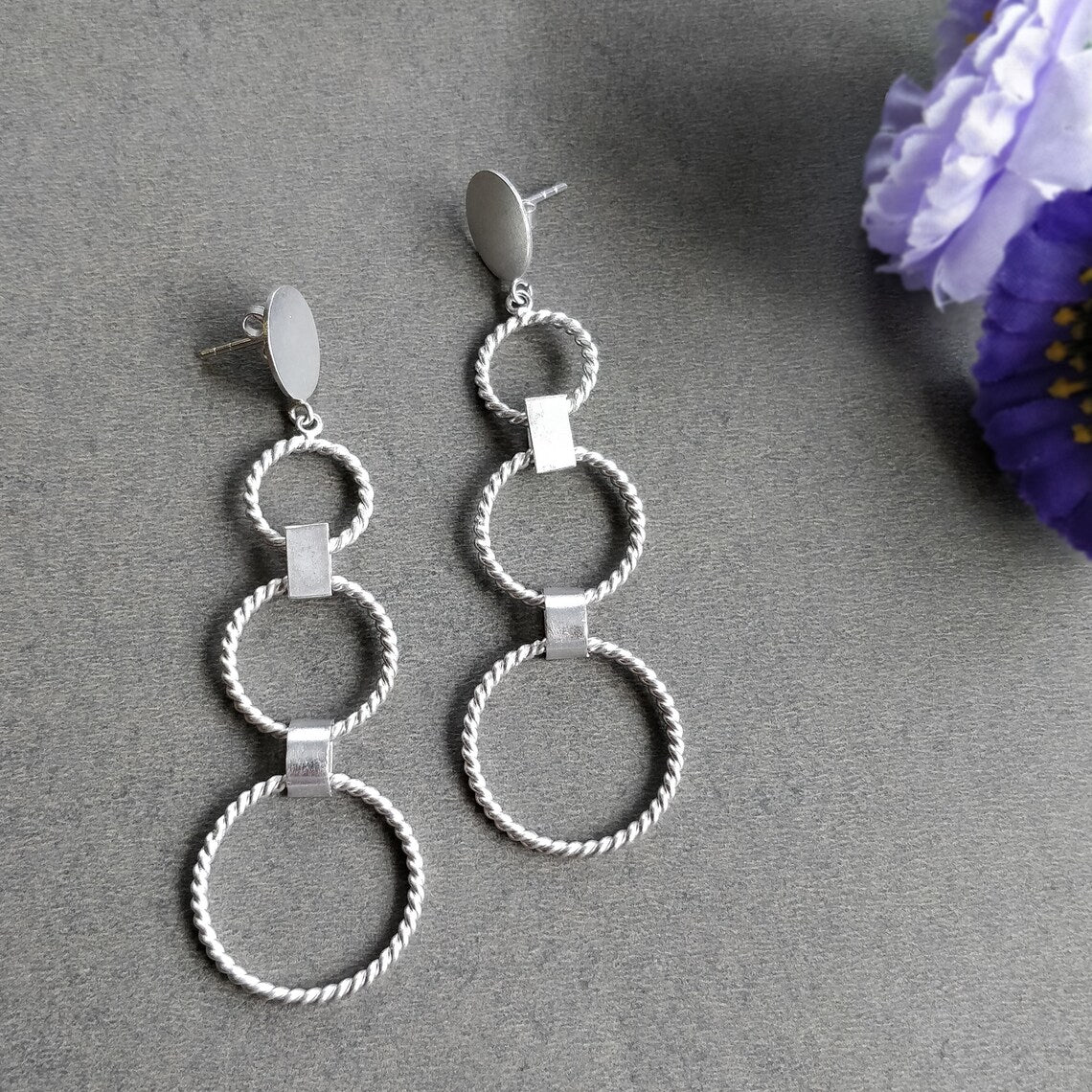 Handmade Brass Earring : 3.00" Silver Plated 8.00gms Brass Boho Style Twisted Wire Hoop Design Drop Dangle Push Back Earring Gift For Her