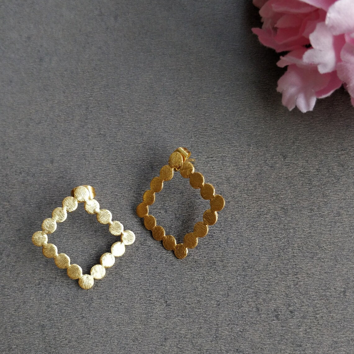 Handmade Brass Earring : 1.00" 18k Gold Plated 2.50GMS Brass Boho Style Square Brush Texture Stud Push Back Earring Gift For Her