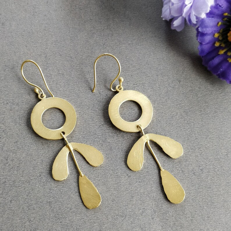 Handmade Brass Earring : 3"*1"" 18k Gold Plated 7.86gms Brass Boho Style Leaf Design Drop Dangle Hook Earring Gift For Her