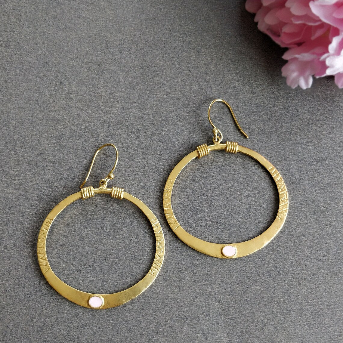 Handmade Brass Earring : 2.25" 18k Gold Plated 10.50gms Pink Enamel Brass Boho Style Hoop Drop Dangle Hook Earring Gift For Her