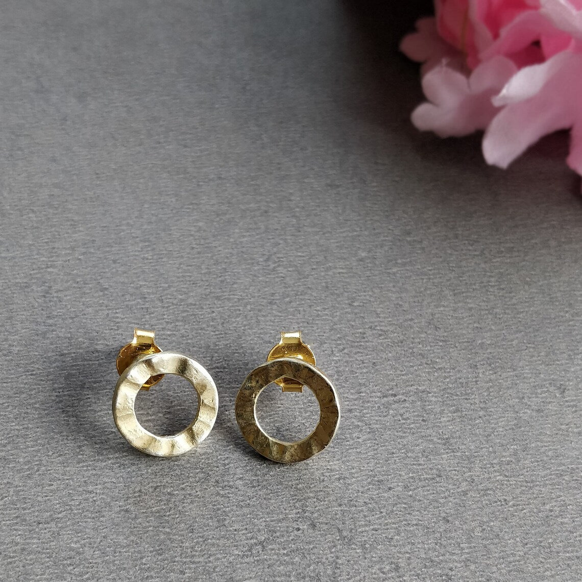 Handmade Brass Earring : 0.50" 18k Gold Plated 2.22GMS Brass Boho Style Round Hammer Texture Stud Push Back Earring Gift For Her