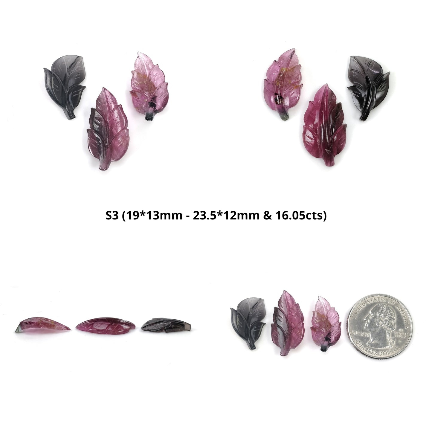 Watermelon TOURMALINE Gemstone Carving : Natural Untreated Unheated Bi-Color Tourmaline Hand Carved Leaf 3pcs Set