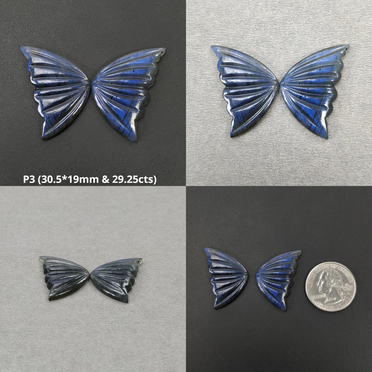 LABRADORITE Gemstone Carving : Natural Untreated Unheated Labradorite Hand Carved Butterfly Sets