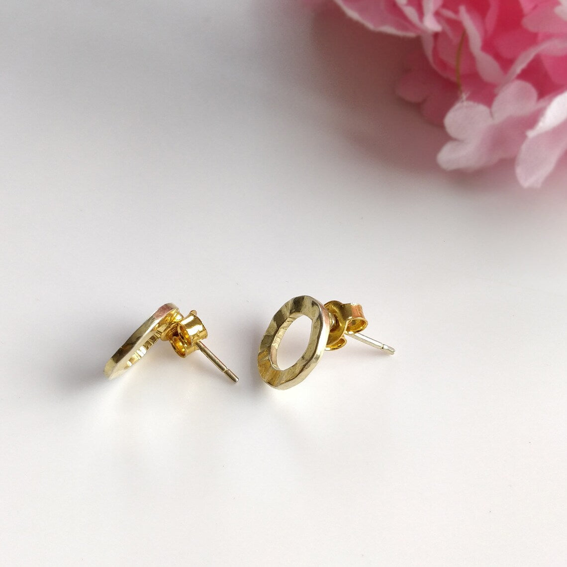 Handmade Brass Earring : 0.50" 18k Gold Plated 2.22GMS Brass Boho Style Round Hammer Texture Stud Push Back Earring Gift For Her