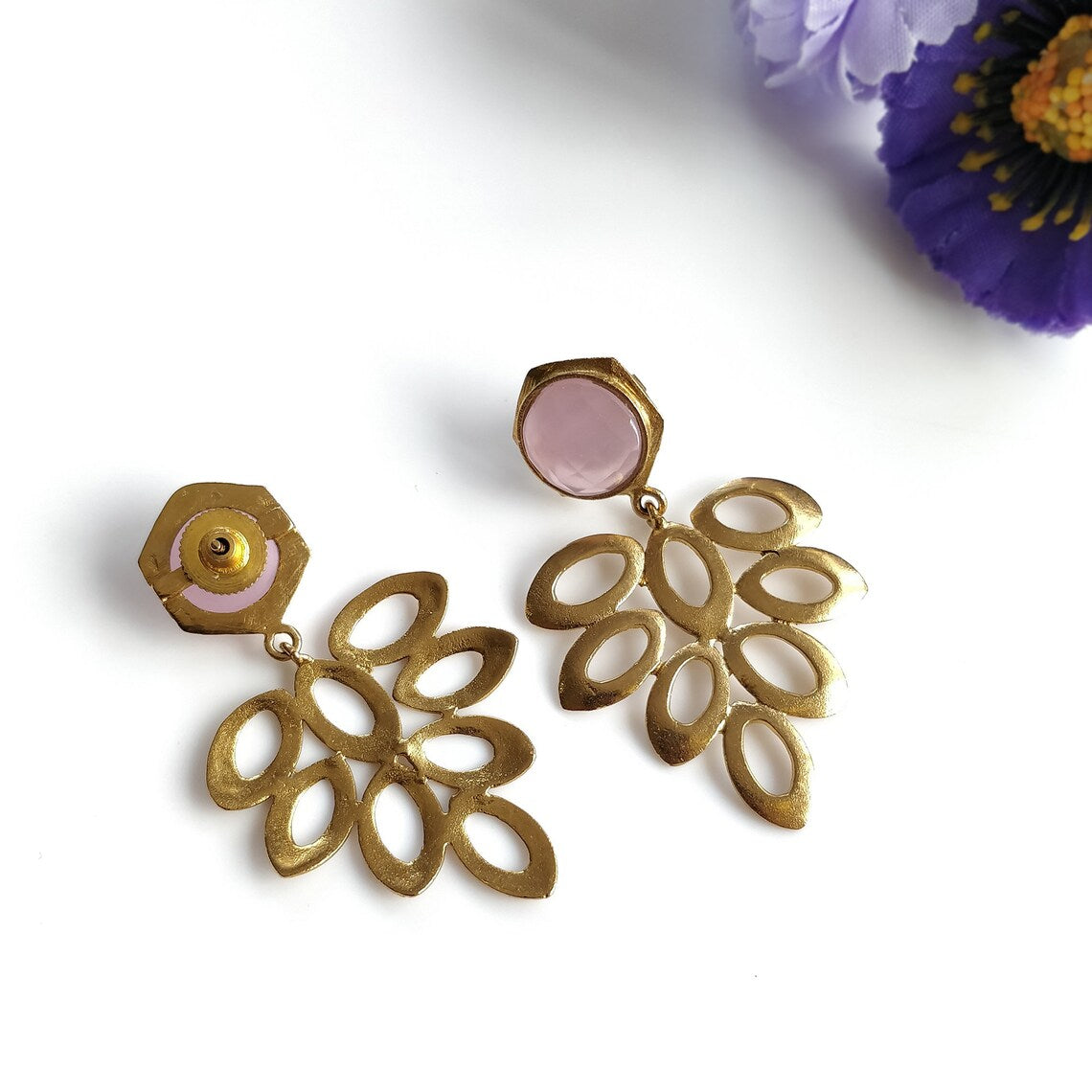 Pink Onyx Gemstone Earring : 2.25" Handmade Brass 18k Gold Plated 9.50gms Round Floral Design Faceted Bezel Setting Push Back Earring