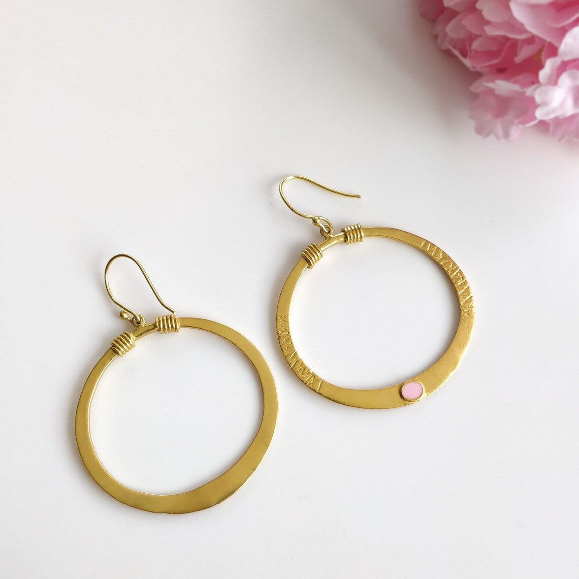Handmade Brass Earring : 2.25" 18k Gold Plated 10.50gms Pink Enamel Brass Boho Style Hoop Drop Dangle Hook Earring Gift For Her