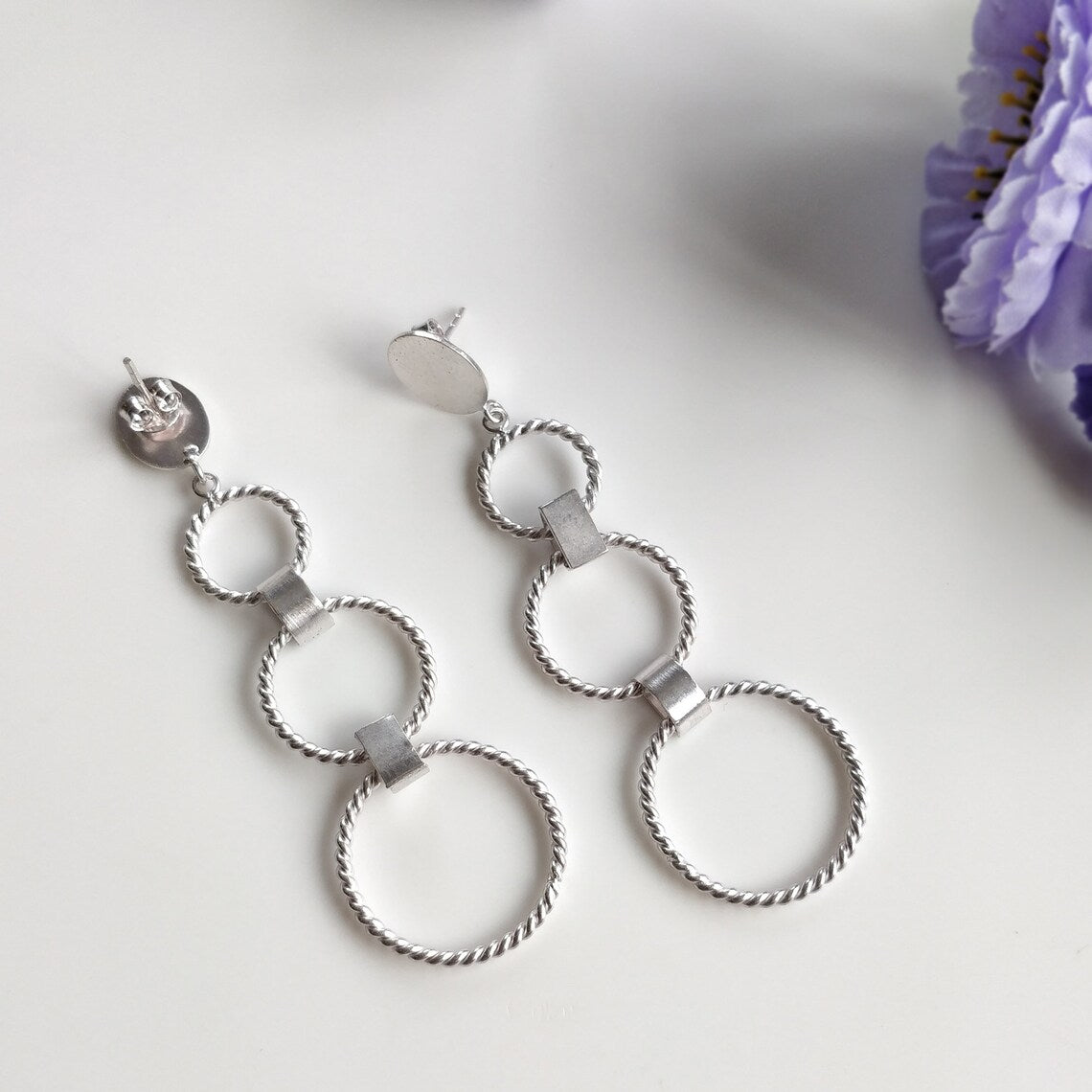 Handmade Brass Earring : 3.00" Silver Plated 8.00gms Brass Boho Style Twisted Wire Hoop Design Drop Dangle Push Back Earring Gift For Her