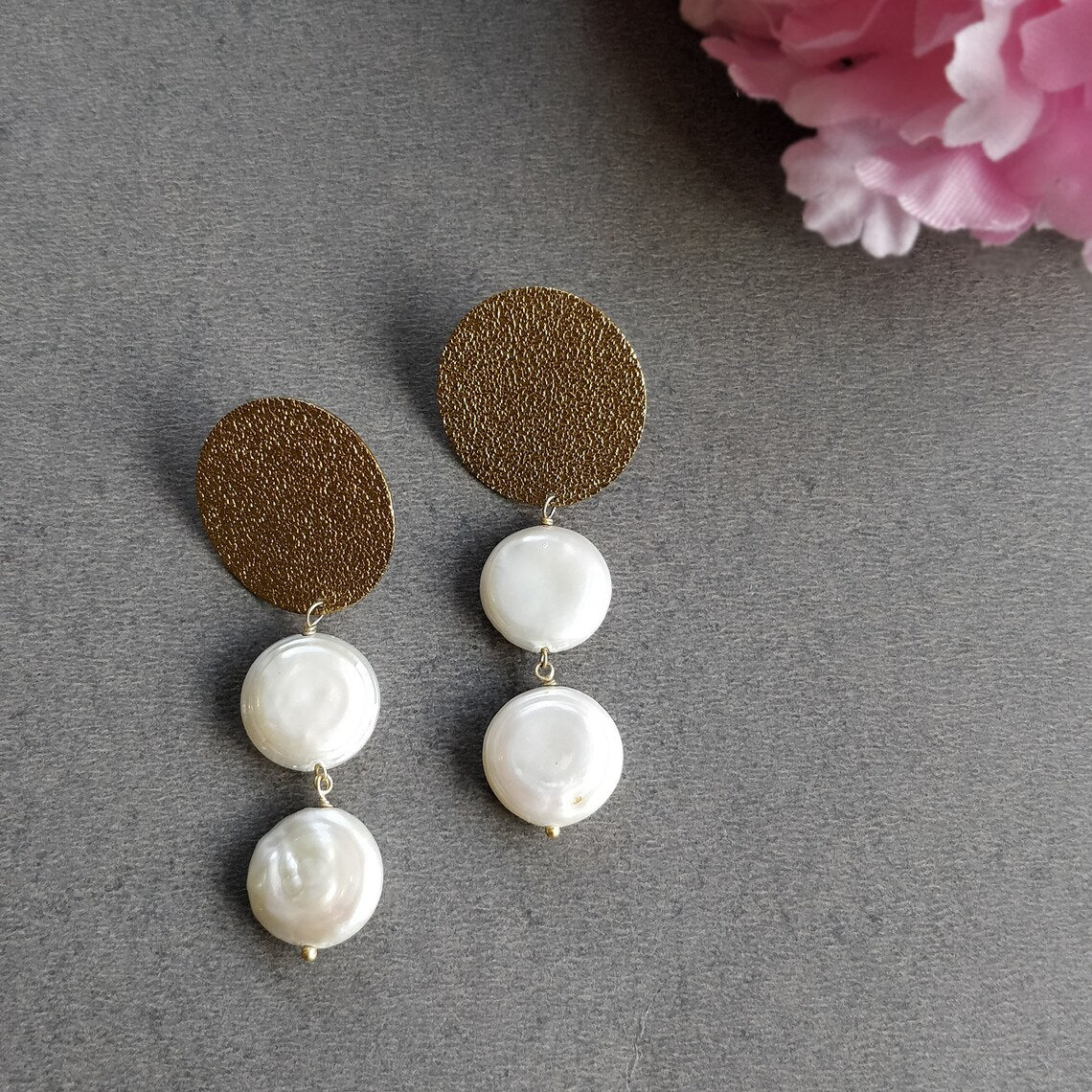 Pearl Enameling Gemstone Brass Earring : 2"*0.75" Handmade 18k Gold Plated 8.00gm Boho Style Round Shape Push Back Drop Dangle Earring