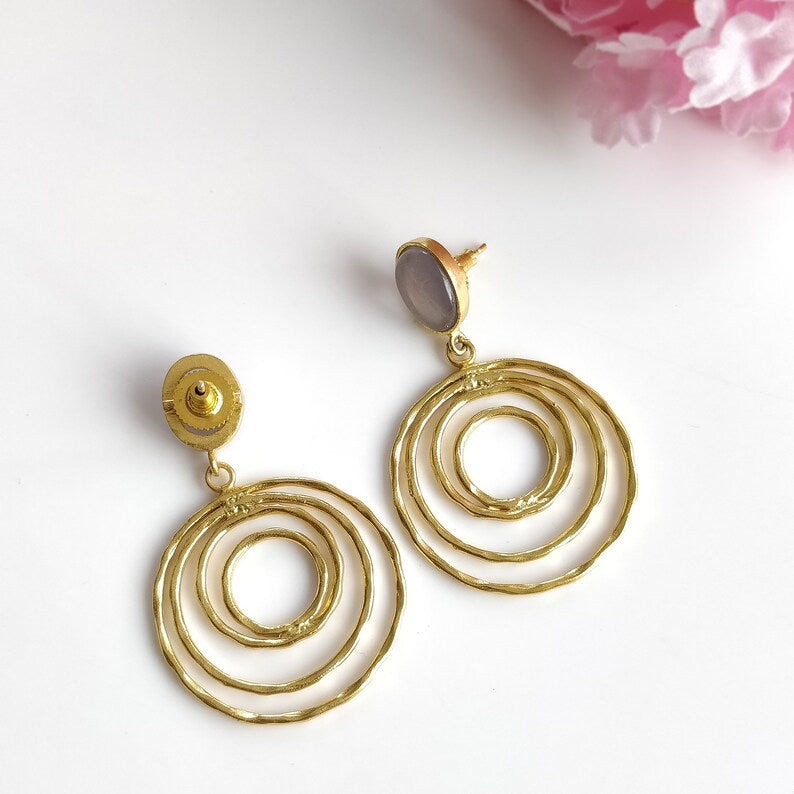 Lavender Cat's Eye Gemstone Earring : 2" Handmade Brass 18k Gold Plated 12.50gms Oval Round Bezel Setting Drop Dangle Push Back Earring