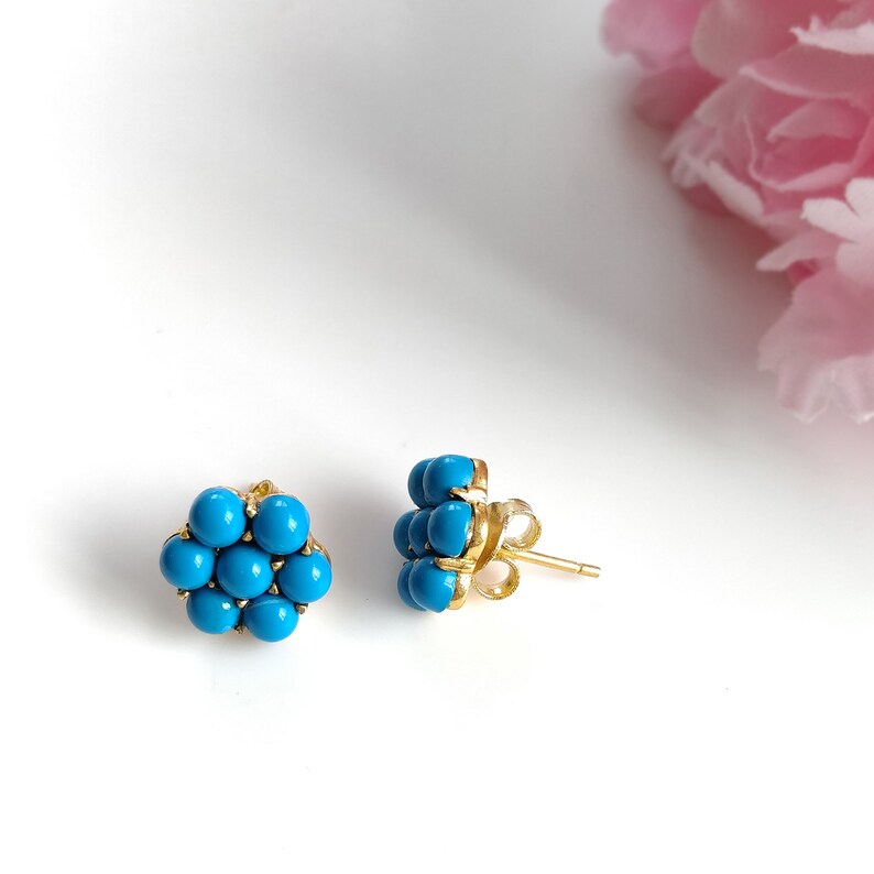 Turquoise Gemstone Brass Earring : 0.50" Handmade 18k Gold Plated 3.00GMS Brass Boho Style Round Stud Push Back Earring Gift For Her