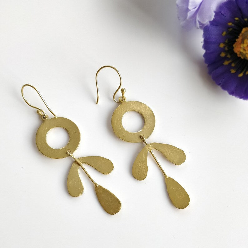 Handmade Brass Earring : 3"*1"" 18k Gold Plated 7.86gms Brass Boho Style Leaf Design Drop Dangle Hook Earring Gift For Her