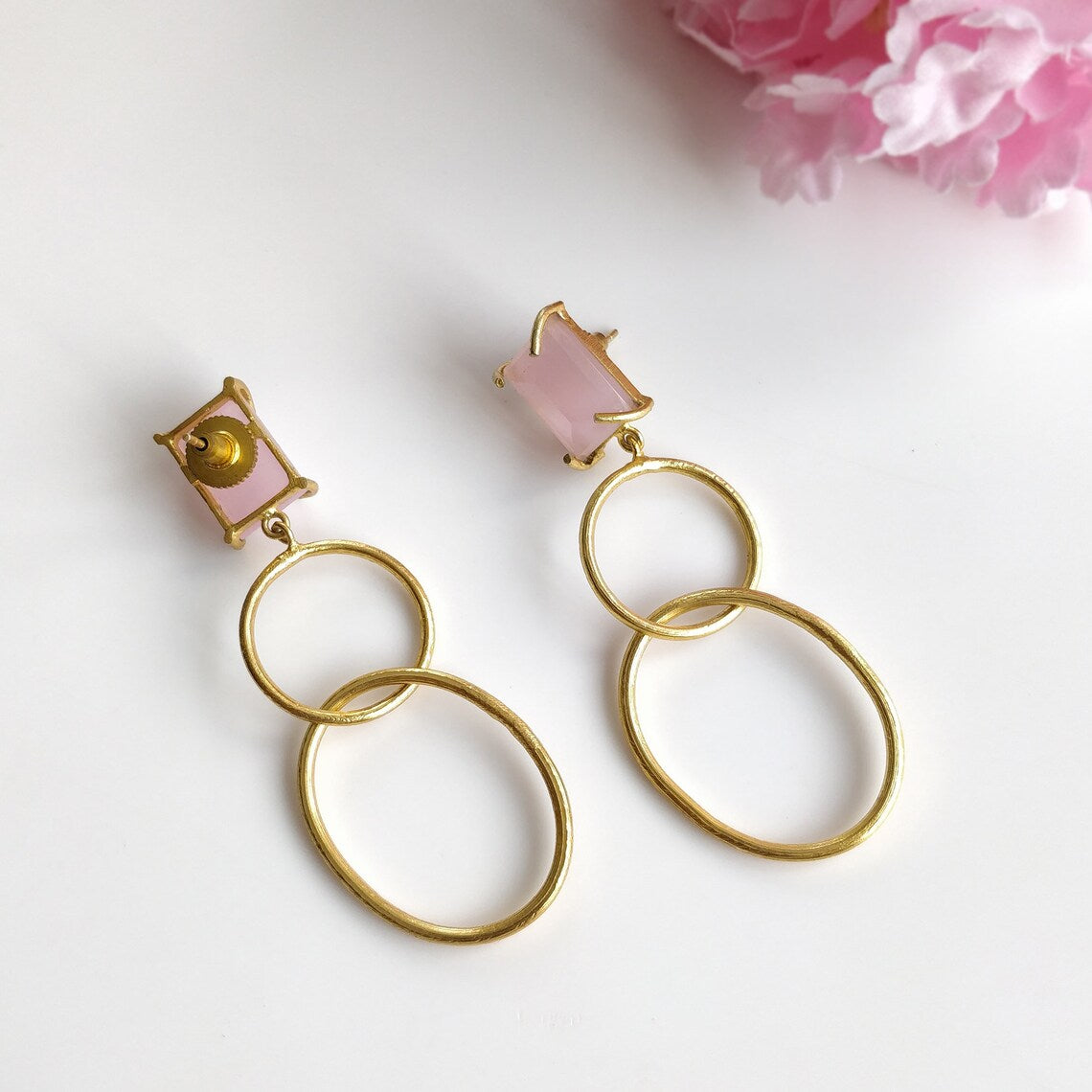 Pink Quartz Gemstone Earring : 2.75" Handmade Brass 18k Gold Plated 12.50gms Oval Round Prong Setting Drop Dangle Push Back Earring