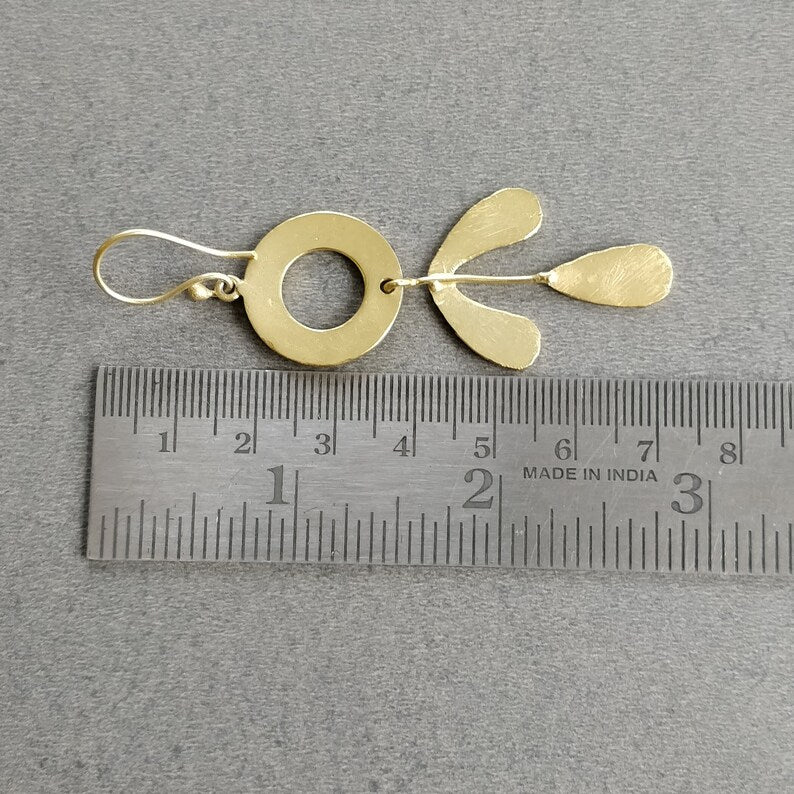 Handmade Brass Earring : 3"*1"" 18k Gold Plated 7.86gms Brass Boho Style Leaf Design Drop Dangle Hook Earring Gift For Her