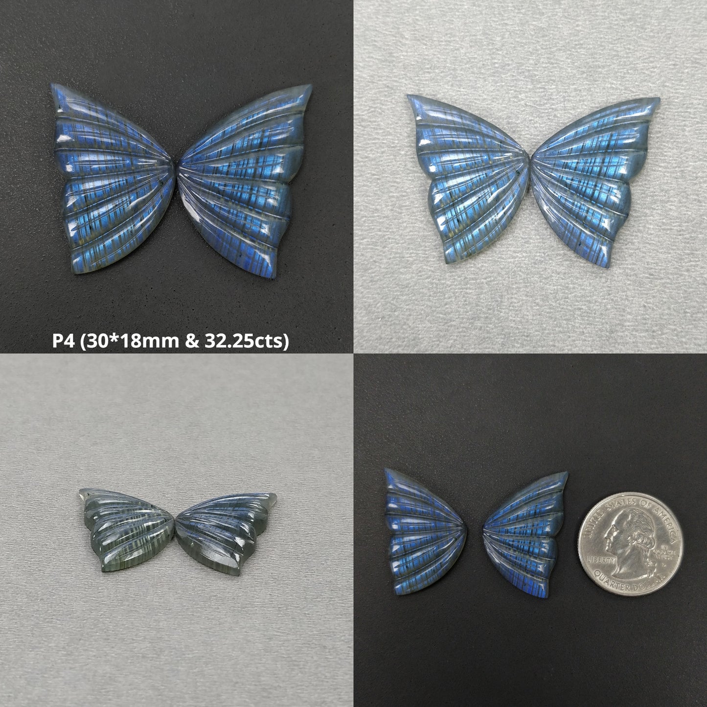 LABRADORITE Gemstone Carving : Natural Untreated Unheated Labradorite Hand Carved Butterfly Sets