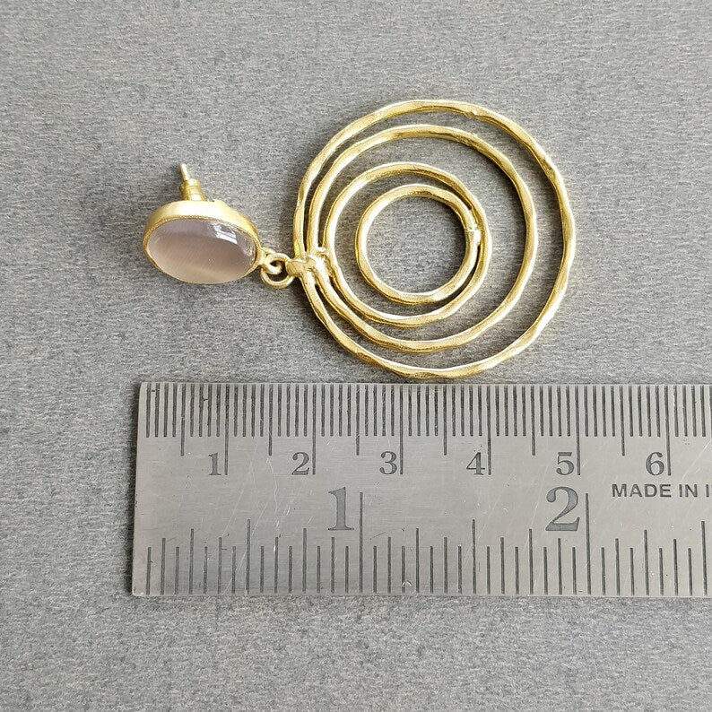 Lavender Cat's Eye Gemstone Earring : 2" Handmade Brass 18k Gold Plated 12.50gms Oval Round Bezel Setting Drop Dangle Push Back Earring