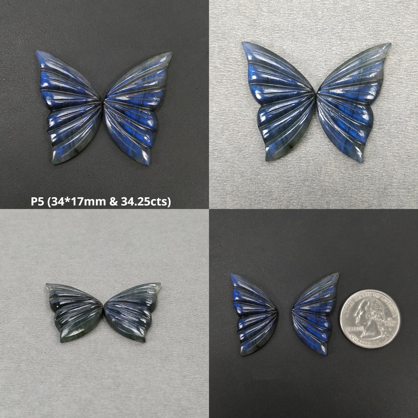 LABRADORITE Gemstone Carving : Natural Untreated Unheated Labradorite Hand Carved Butterfly Sets