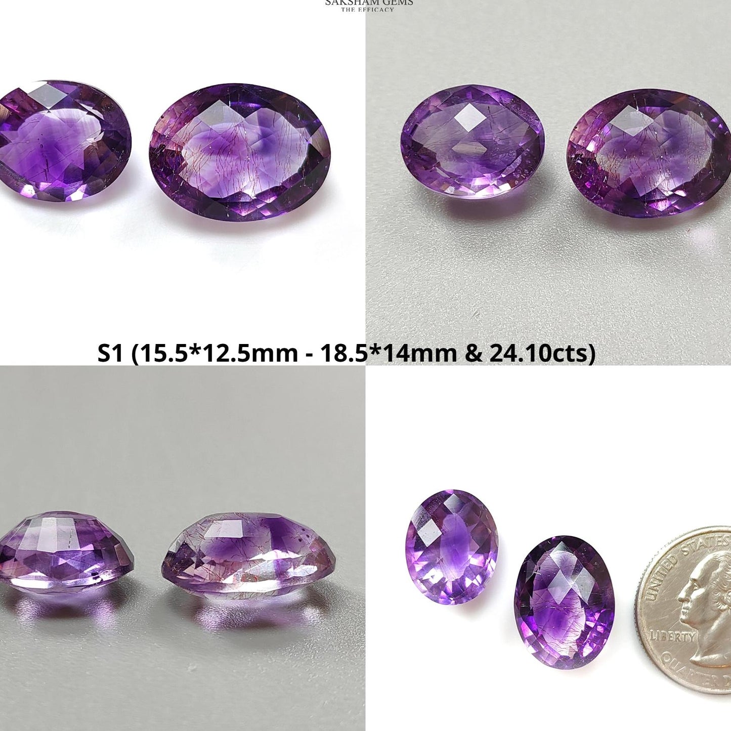 Rutile Amethyst Quartz Gemstone Checker Cut: Natural Untreated Purple Amethyst Oval, Pear & Baguette Shape 2pcs Set for Jewelry February Birthstone