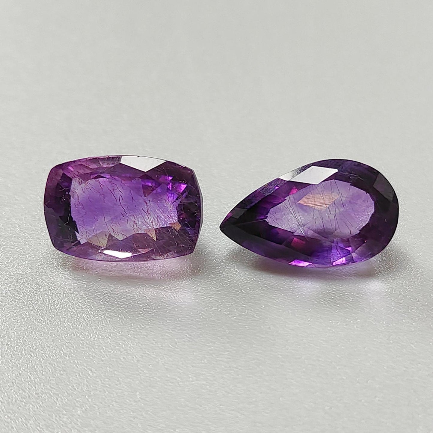 Rutile Amethyst Quartz Gemstone Checker Cut: Natural Untreated Purple Amethyst Oval, Pear & Baguette Shape 2pcs Set for Jewelry February Birthstone