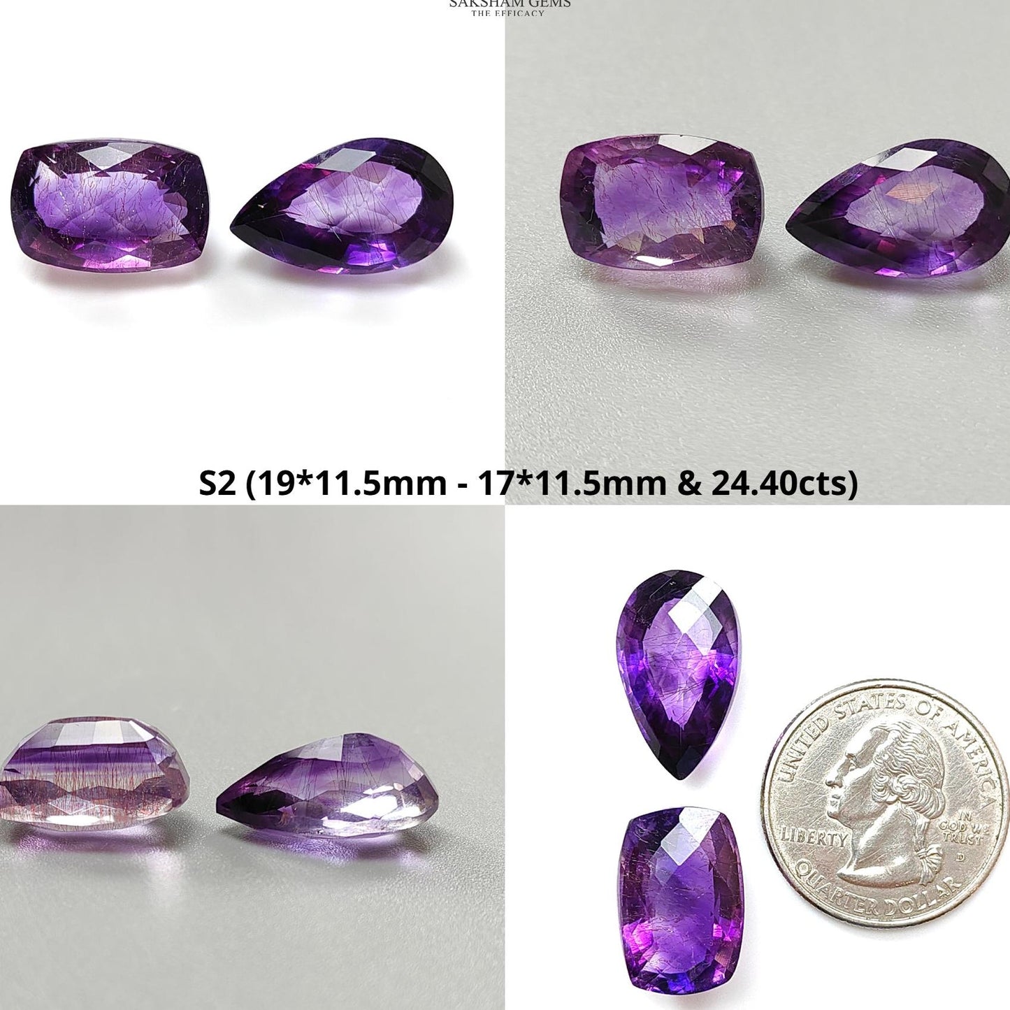 Rutile Amethyst Quartz Gemstone Checker Cut: Natural Untreated Purple Amethyst Oval, Pear & Baguette Shape 2pcs Set for Jewelry February Birthstone