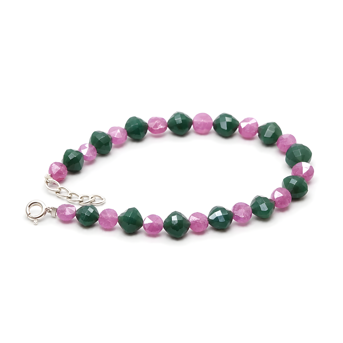 Green Quartz, Ruby Beads 925 Silver Bracelet