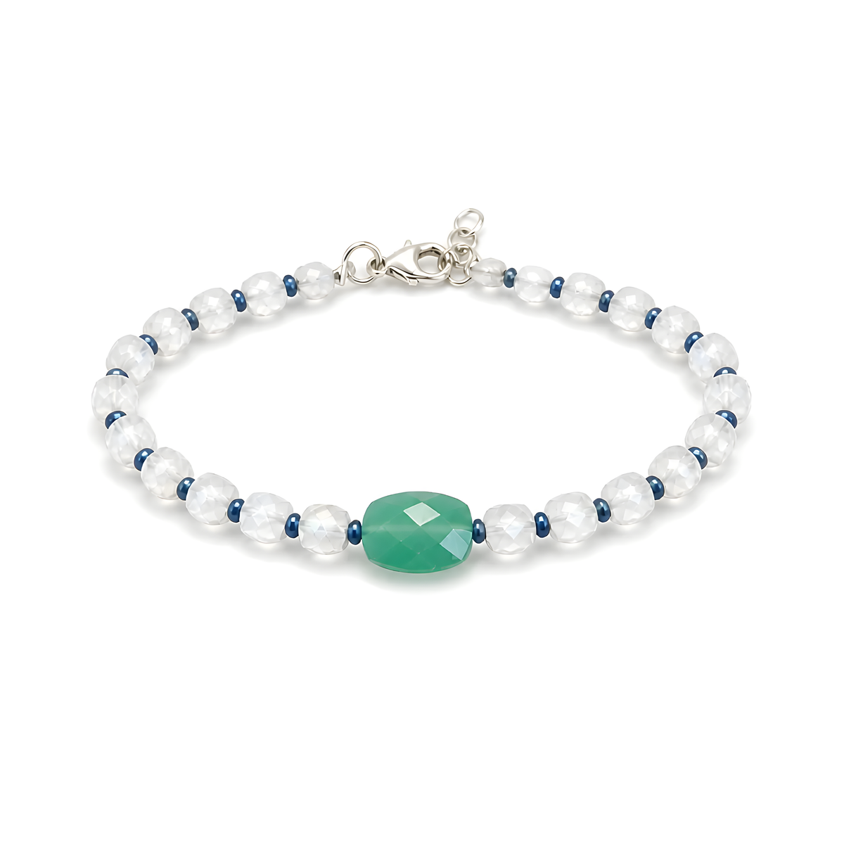 3.56gms Natural Quartz, Moonstone Blue Sapphire Beads 925 Sterling Sliver Bracelet 7"