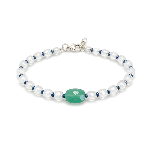 3.56gms Natural Quartz, Moonstone Blue Sapphire Beads 925 Sterling Sliver Bracelet 7"