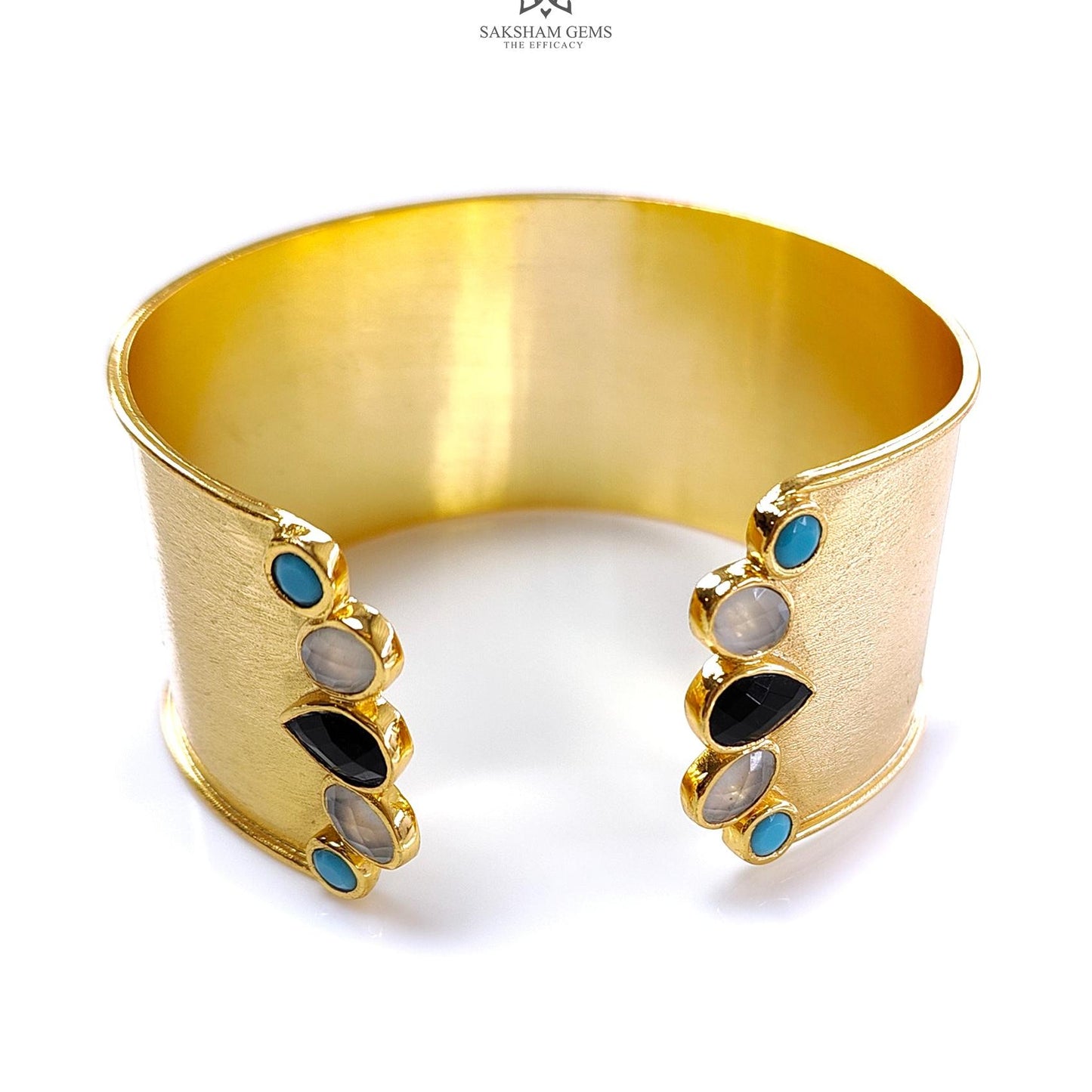 Turquoise Onyx Brass Bracelet : 131.20cts Synthetic Gemstone Adjustable Fancy Bracelet For Women