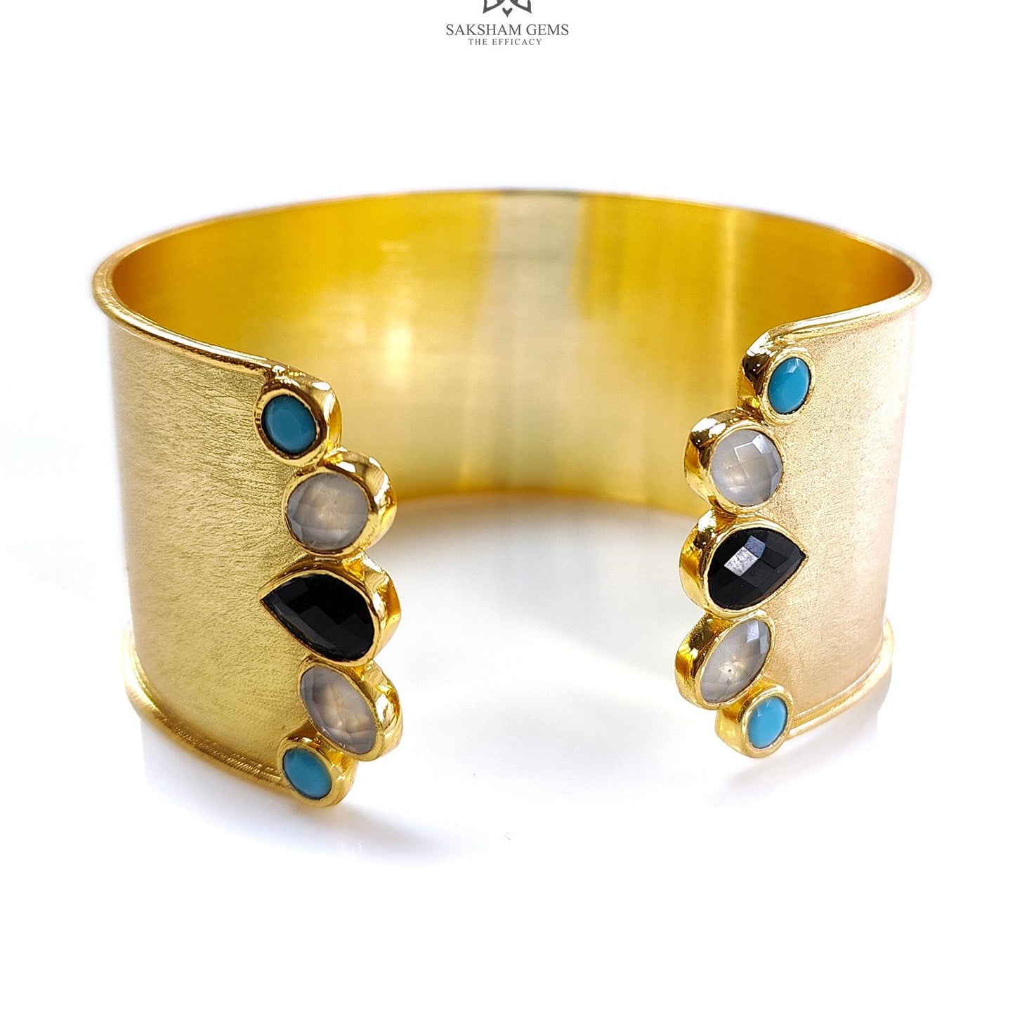 Turquoise Onyx Brass Bracelet : 131.20cts Synthetic Gemstone Adjustable Fancy Bracelet For Women