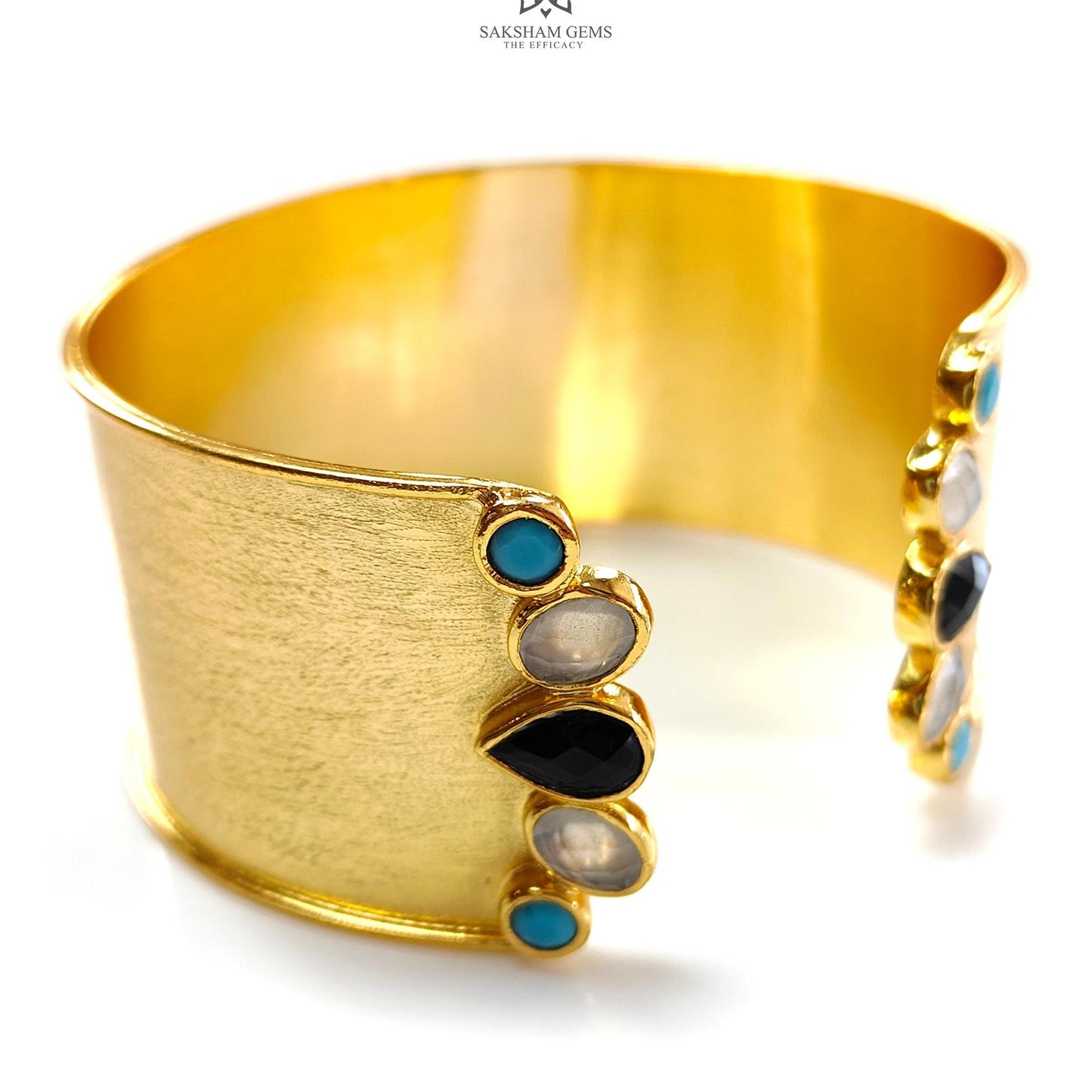 Turquoise Onyx Brass Bracelet : 131.20cts Synthetic Gemstone Adjustable Fancy Bracelet For Women