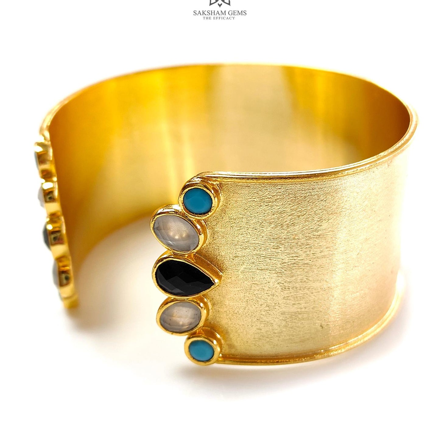 Turquoise Onyx Brass Bracelet : 131.20cts Synthetic Gemstone Adjustable Fancy Bracelet For Women