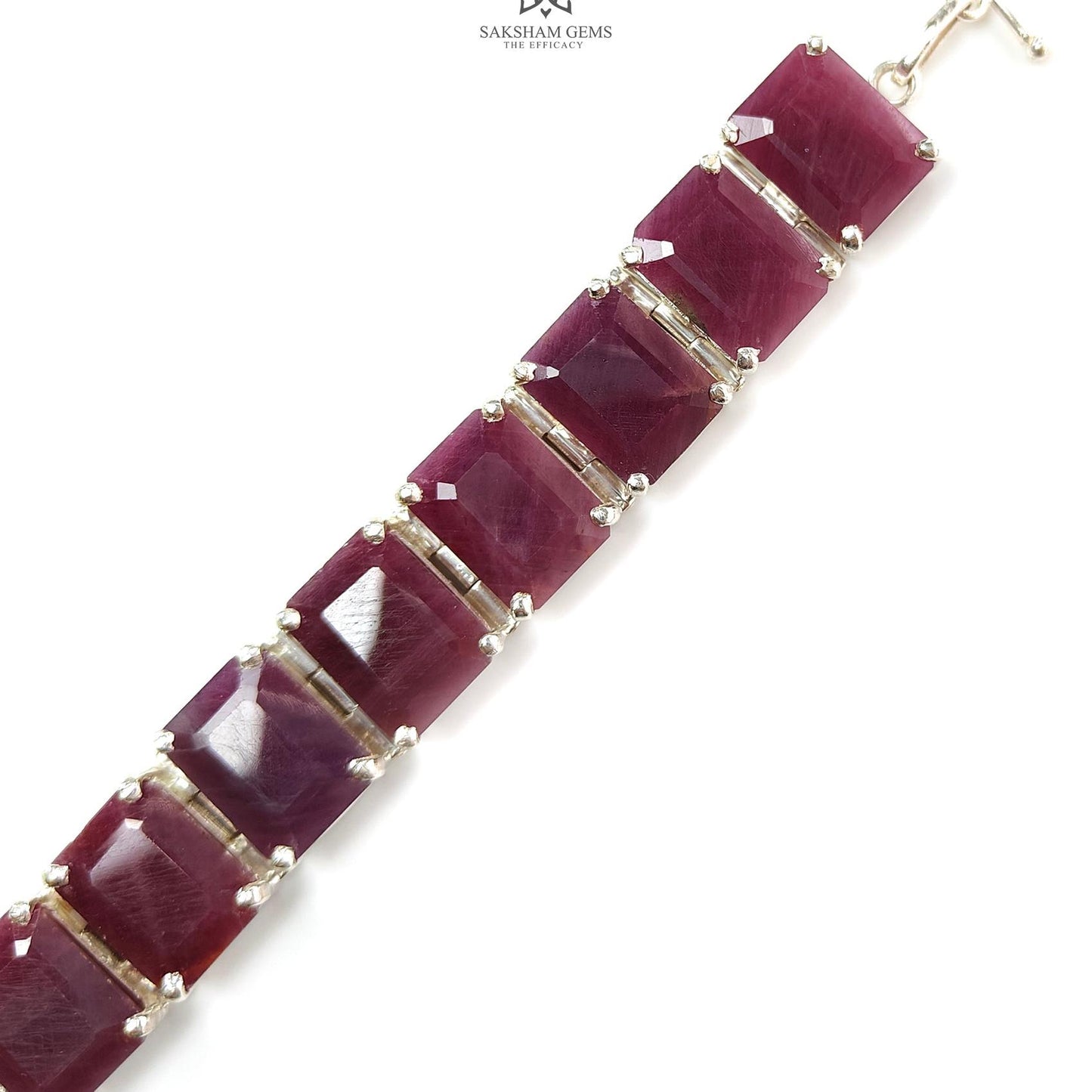Ruby Faceted Bracelet: 52.06gms Natural Untreated Ruby Plain Baguette Shape 925 Sterling Silver Prong Set Bracelet 17*12mm 5.50"