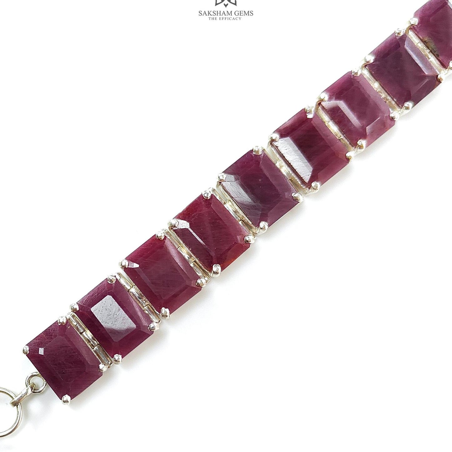 Ruby Faceted Bracelet: 52.06gms Natural Untreated Ruby Plain Baguette Shape 925 Sterling Silver Prong Set Bracelet 17*12mm 5.50"