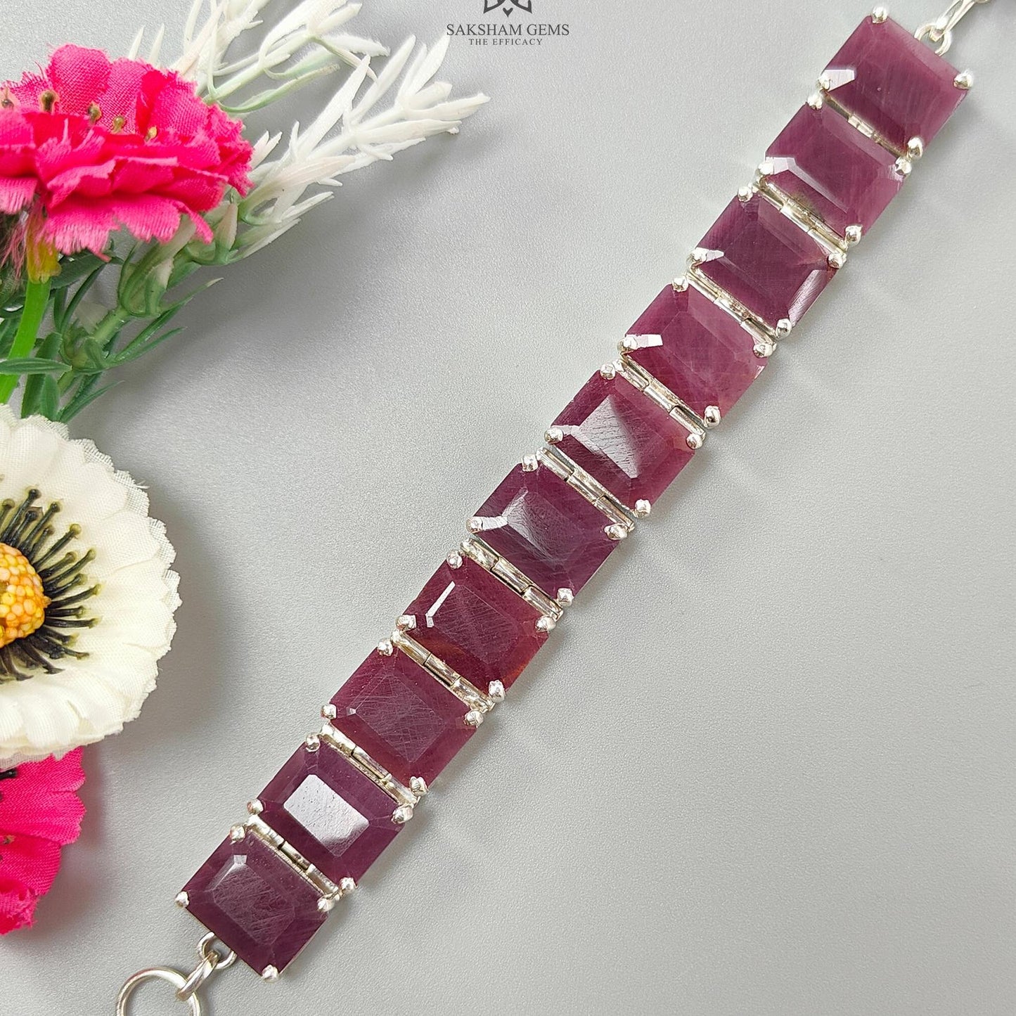 Ruby Faceted Bracelet: 52.06gms Natural Untreated Ruby Plain Baguette Shape 925 Sterling Silver Prong Set Bracelet 17*12mm 5.50"