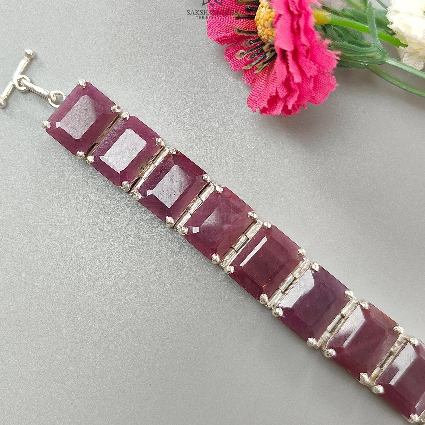 Ruby Faceted Bracelet: 52.06gms Natural Untreated Ruby Plain Baguette Shape 925 Sterling Silver Prong Set Bracelet 17*12mm 5.50"